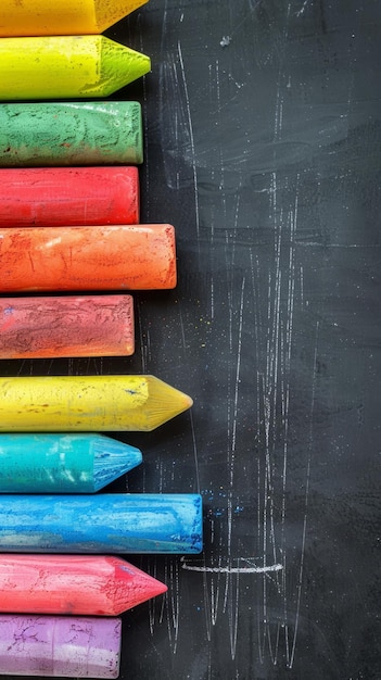 Une variété de craie colorée soigneusement disposée sur le côté gauche d'un fond de tableau blanc