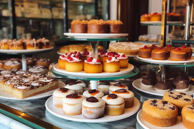 Une variété de délicieuses pâtisseries et pâtisseries méticuleusement disposées sur un comptoir de boulangerie