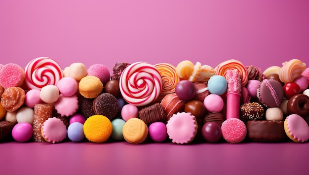 Variété de délicieux bonbons sur fond rose vue de dessus