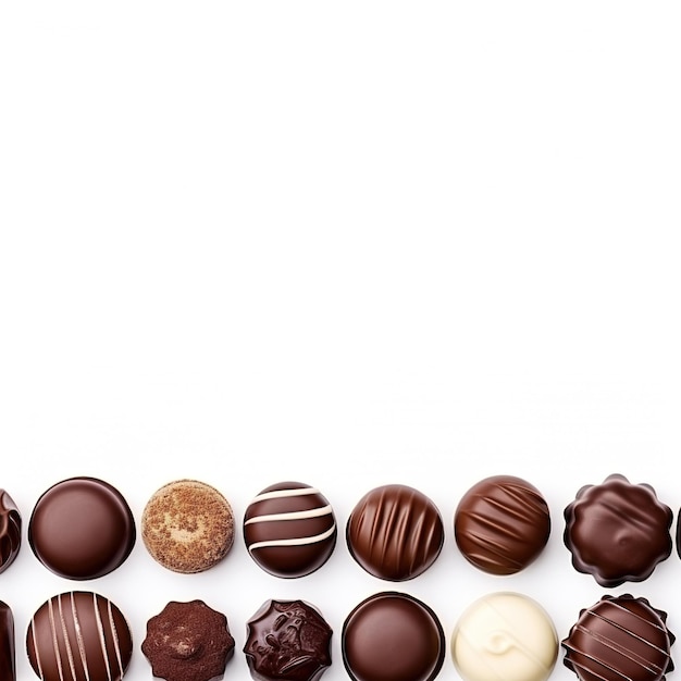 Photo une variété de délicieux chocolats sont disposés en rangée sur fond blanc