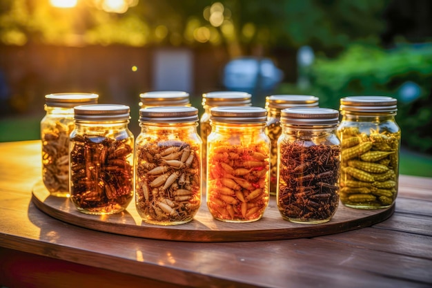 Variété de délicieux insectes comestibles présentés dans des bocaux en verre sur une table en bois rustique