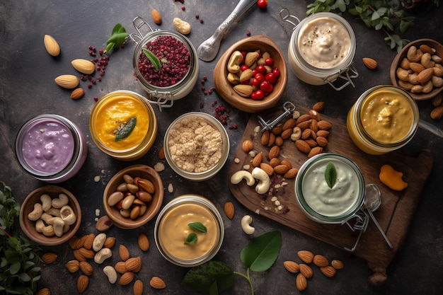 Une variété de différentes saveurs de houmous sont sur une table.