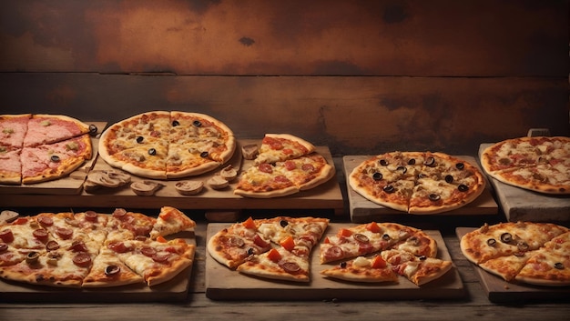 Variété de différents types de pizza sur fond en bois style vintage