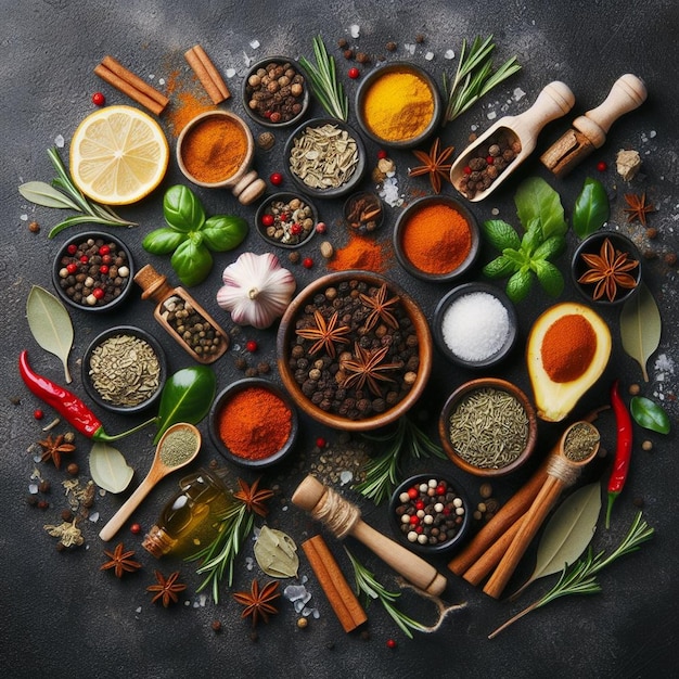 Une variété d'épices et d'herbes artisanales disposées sur un plateau rond sur un fond sombre