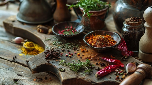 Une variété d'épices sur une table en bois