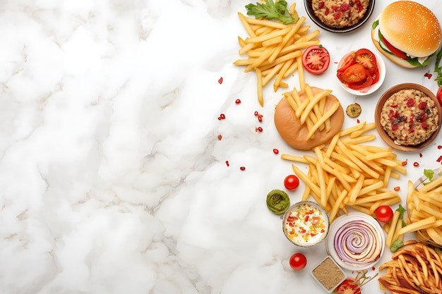 Variété de fast-food hamburgers frites légumes et sauces vue du haut.