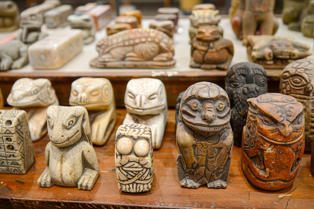 Une variété de figurines traditionnelles en bois fabriquées à la main exposées sur les étagères du marché