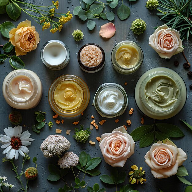 Photo une variété de fleurs et de beurre de corps sur une table avec des feuilles et des fleurs autour d'eux sur une table