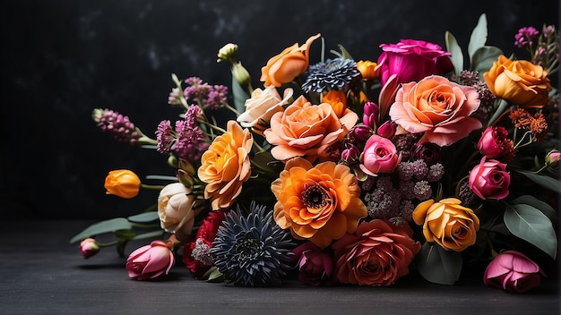 Photo une variété de fleurs sur un fond sombre