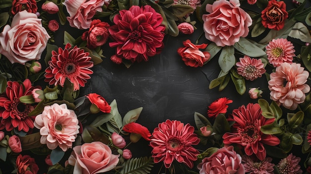 Une variété de fleurs rouges et roses vibrantes avec de la verdure sur un fond sombre