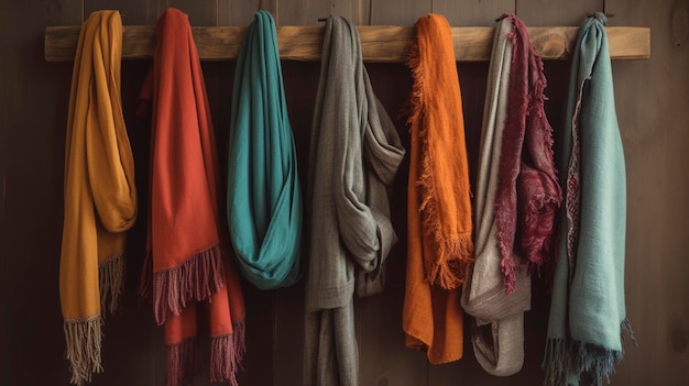 Une variété de foulards accrochés à un rack en bois