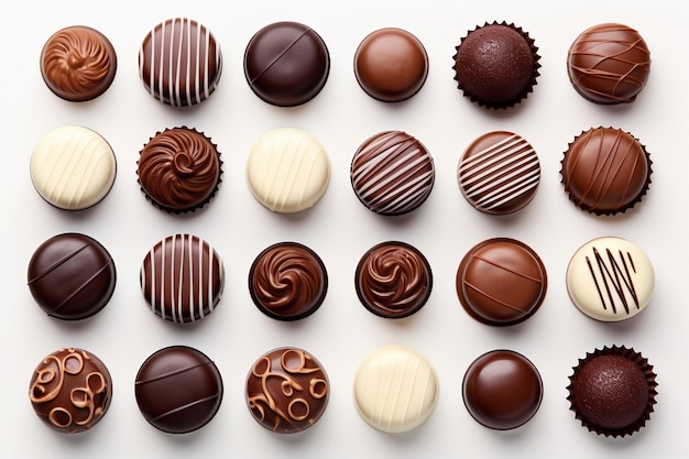 Variété de friandises au chocolat isolées sur fond blanc IA générative