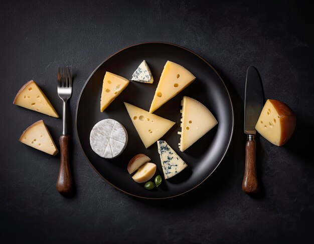 Une variété de fromages capturés dans l'éclairage du studio sur un fond sombre élégant