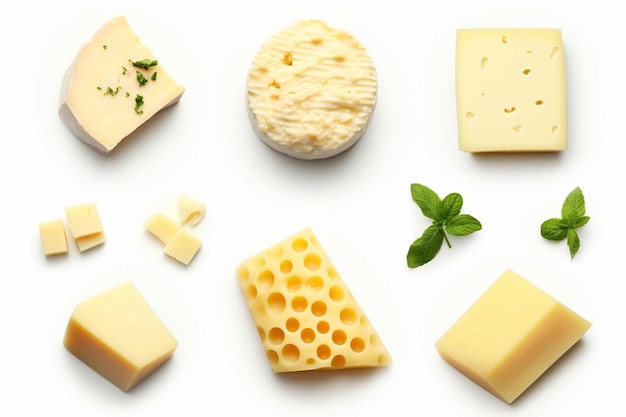 une variété de fromages et de cubes de fromage sur une surface blanche