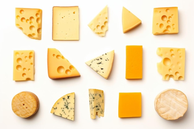 une variété de fromages disposés sur une surface blanche