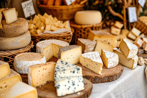 Une variété de fromages est exposée sur la table, certains dans des paniers et d'autres coupés en tranches.