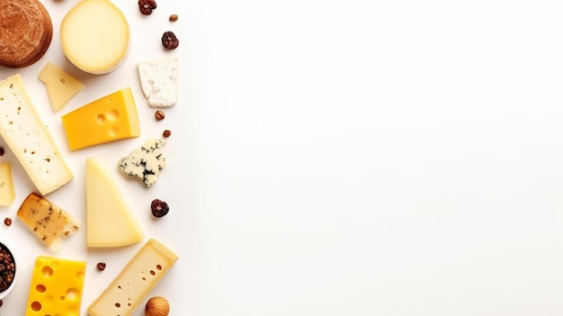 Photo une variété de fromages et de noix sur une surface blanche