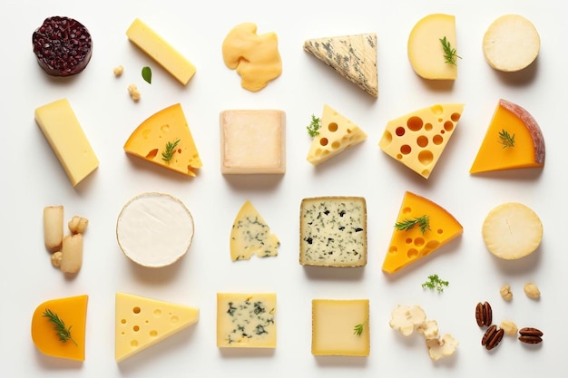 une variété de fromages et de noix sur une surface blanche