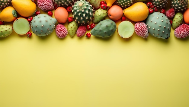 Variété de fruits de cactus sur fond jaune avec espace de copie