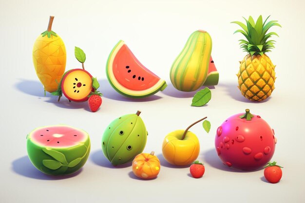 Photo une variété de fruits dont un qui porte un visage.