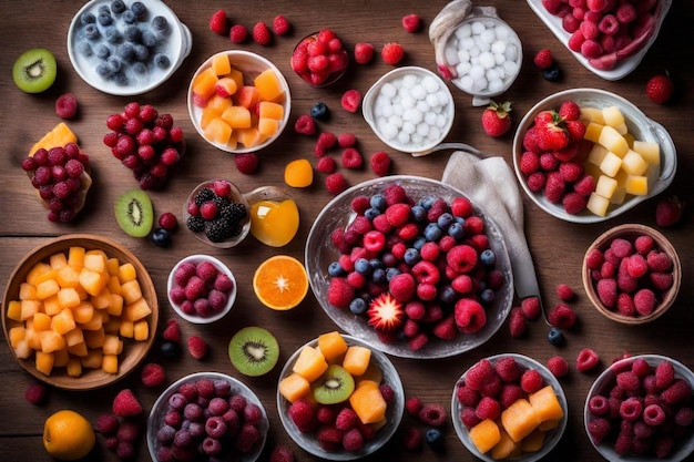 Photo une variété de fruits est affichée sur une table avec un bol de fruits