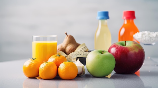 Une variété de fruits et de jus sont sur une table.