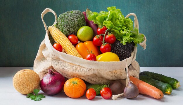 Photo variété de fruits et légumes biologiques frais dans un sac