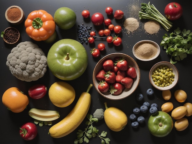 une variété de fruits et légumes dans des bols de nourriture se concentrer sur la photographie de la nourriture de santé