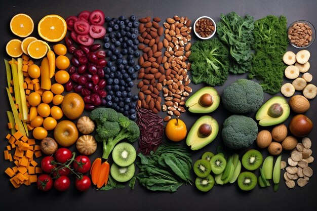 Photo une variété de fruits et légumes disposés sur une table