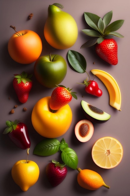 Photo une variété de fruits et légumes sur fond marron