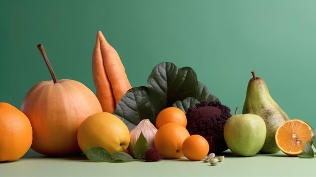 Une variété de fruits et légumes sur fond vert