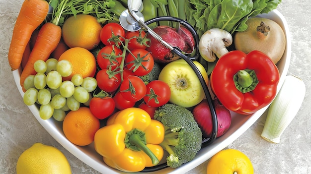 Une variété de fruits et légumes frais sont disposés dans un bol en forme de cœur. Un stéthoscope repose sur le produit.