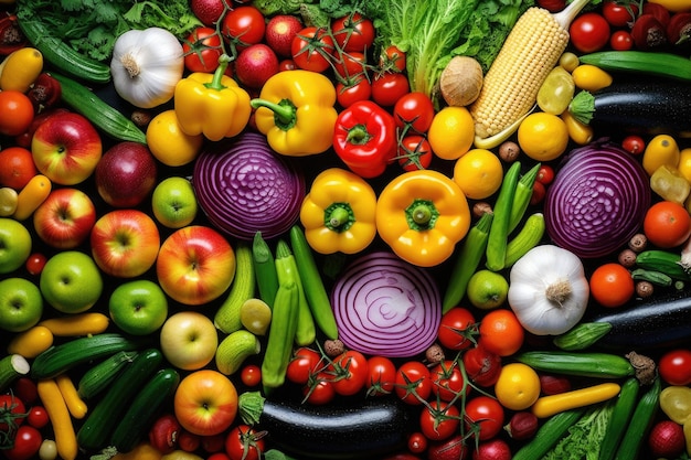 Photo une variété de fruits et légumes regroupés parfaits pour les concepts d'alimentation saine