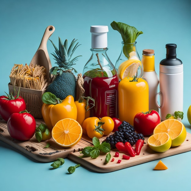 une variété de fruits et légumes sont sur une planche à découper.