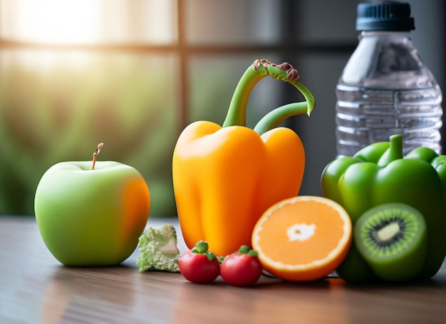 Une variété de fruits et légumes sont sur une table.