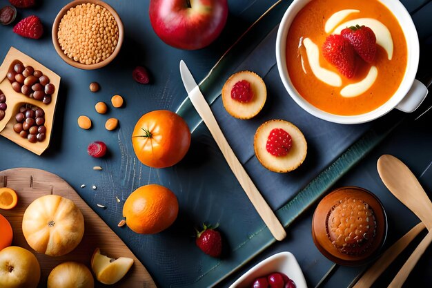 Une variété de fruits et de légumes sont sur une table.