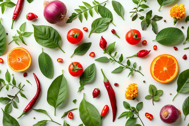 Une variété de fruits et de légumes sur une surface blanche