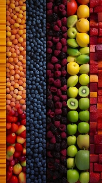 Photo une variété de fruits sont disposés dans un arc-en-ciel de couleurs.