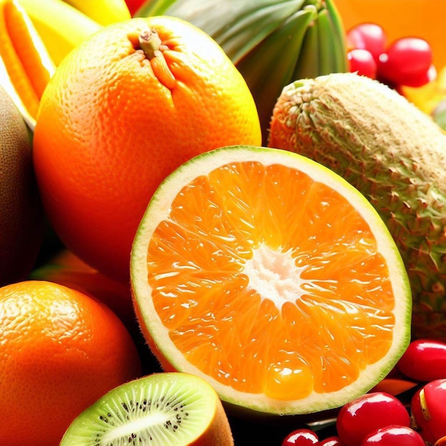 Variété de fruits tropicaux frais sur orange exotique