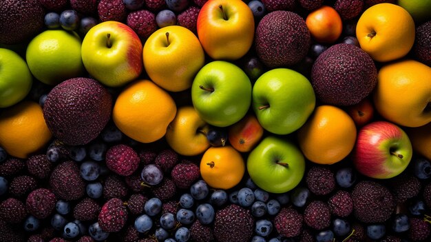 Une variété de fruits, y compris des pommes, des oranges et des bleuets