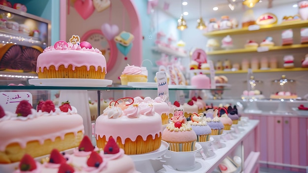 Une variété de gâteaux et de cupcakes sont exposés sur les étagères d'une boulangerie. Les gâteaurs sont décorés de fraises au glaçage rose et d'autres garnitures.