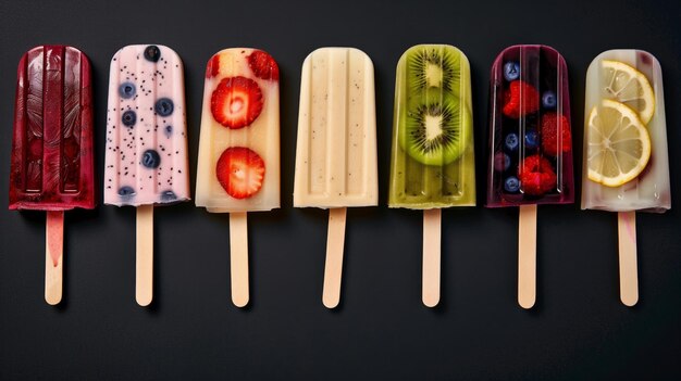 Photo une variété de glaçons aux fruits colorés sur un fond sombre