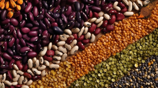 Photo une variété de haricots et de lentilles sont affichés.