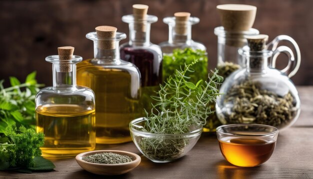 Une variété d'herbes et d'huiles sur une table