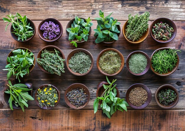 une variété d'herbes sont placées sur une table en bois