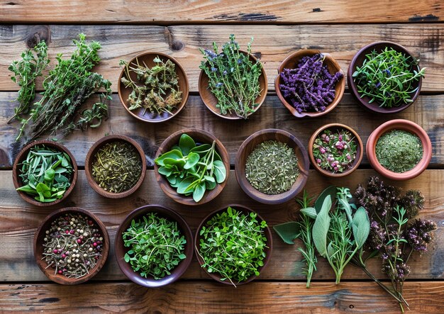 une variété d'herbes sont placées sur une table en bois