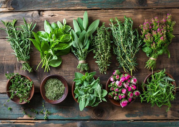 une variété d'herbes sont placées sur une table en bois