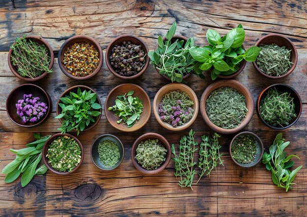 une variété d'herbes sont placées sur une table en bois