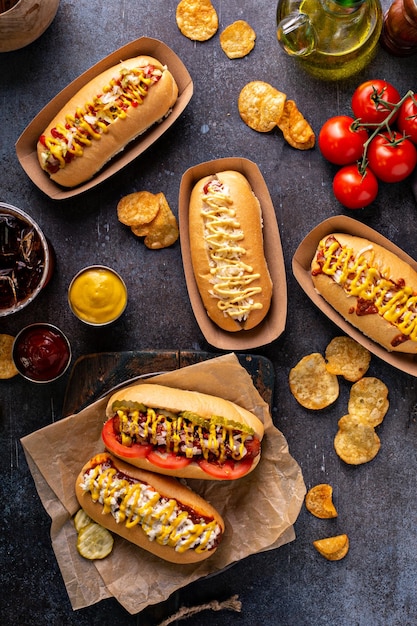 Une variété de hot-dogs avec ketchup et moutarde