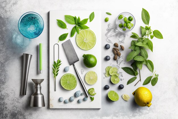 Photo une variété d'ingrédients pour un cocktail à la menthe bleuets menthe et menthe sur un blanc